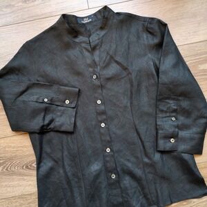 Vintage Jim Thompson Linen Button Down Shirt 3/4 Sleeve Mandarin Collar Black 8‎